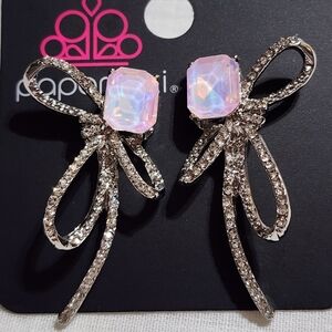 Paparazzi Iridescent Pink and Silver Bow Earrings